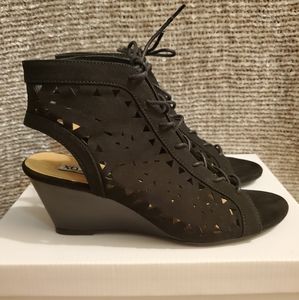 XOXO Sammy Black Lace Up Wedge Sandal